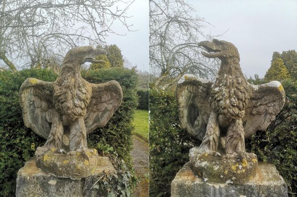 A pair of composition stone gate pier eagles possibly by Austin and Seeley 2nd half 19th century damages  80cm high  See footnote to lot 59 From a...