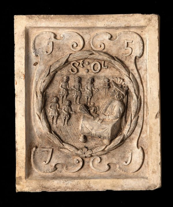 A Coade stone boundary marker plaque depicting the seal of St Olave‘s school and its foundation date 1571 circa 1780/90 the underside stamped COADE‘S...
