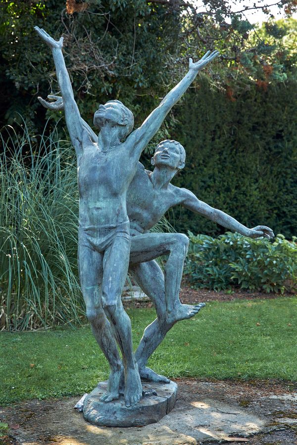 Lyudmila Konstantinouvna Strel Chenko: A bronze fountain of two boys circa 1980 with two scantily draped boys both dancing with arms held aloft, the...