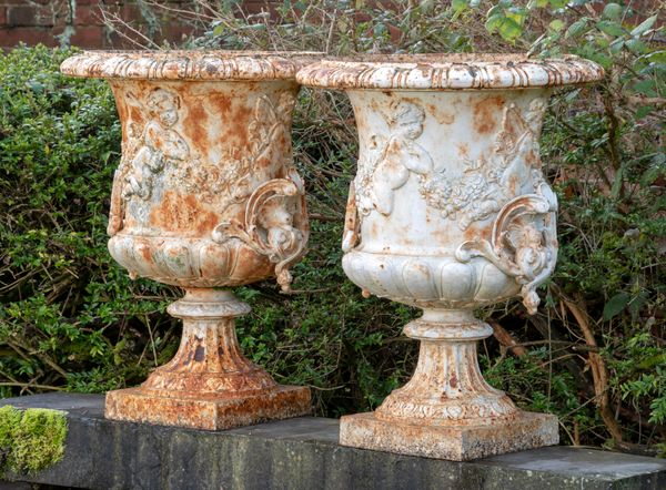 A pair of rare Val d‘Osne cast iron urns French, 2nd half 19th century 80cm high The Val d‘Osne foundry was established by J.P.Andre in 1835 and...