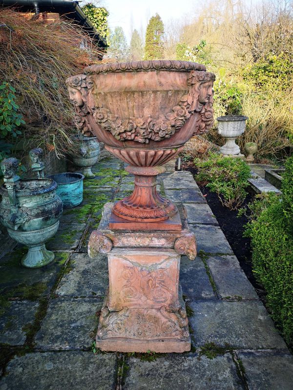 A rare Blanchard terracotta pedestal circa 1870 stamped Terra cotta M H Blanchard , London, 72cm high, now surmounted by a later composition stone...