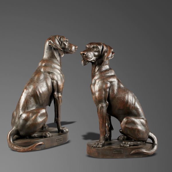 † After Jacquemart: A pair of bronze dogs modern bearing foundry stamp A Durenne Sommevoire 97cm high Alfred Jacquemart was born in Paris in 1824,...