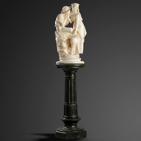 Pietro Bazzanti: An alabaster group of two young lovers signed P Bazzanti Firenze 1903 on serpentine column pedestal the group 80cm high, 202cm high...