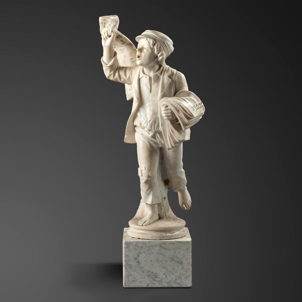 A carved white marble figure of a boy selling newspapers Italian, late 19th century the newspaper titled |Il Secolo| and dated 1890, indistinctly...