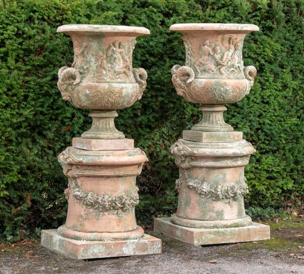 After Girardon: A pair of substantial terracotta urns on pedestals representing the Triumph of Amphitrite 2nd half 20th century 168cm high These...