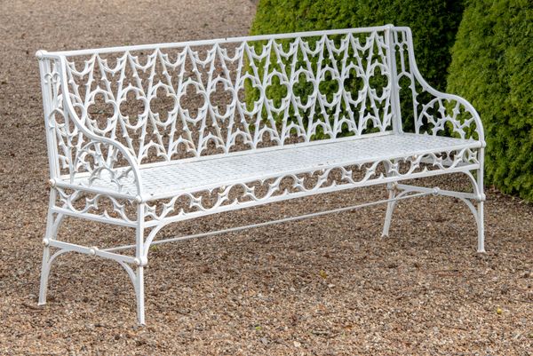 WITHDRAWN A Val d‘Osne Foundry Gothic style cast iron seat circa 1870 190cm wide Founded by J.P.Andre in 1835 and based at the Val d‘Osne, in the...