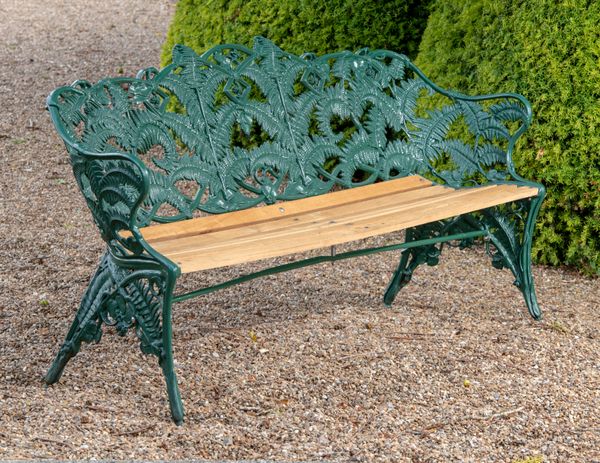 A large Coalbrookdale Fern and Blackberry pattern cast iron seat fully stamped with CB Dale, diamond registration stamp and model number 29 195cm...