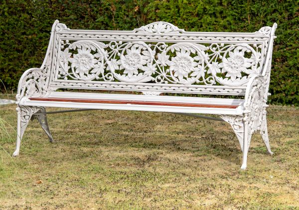 A pair of Coalbrookdale Horse Chestnut pattern cast iron seats circa 1870 stamped Coalbrookdale Co and registration no 190cm wide The design of this...