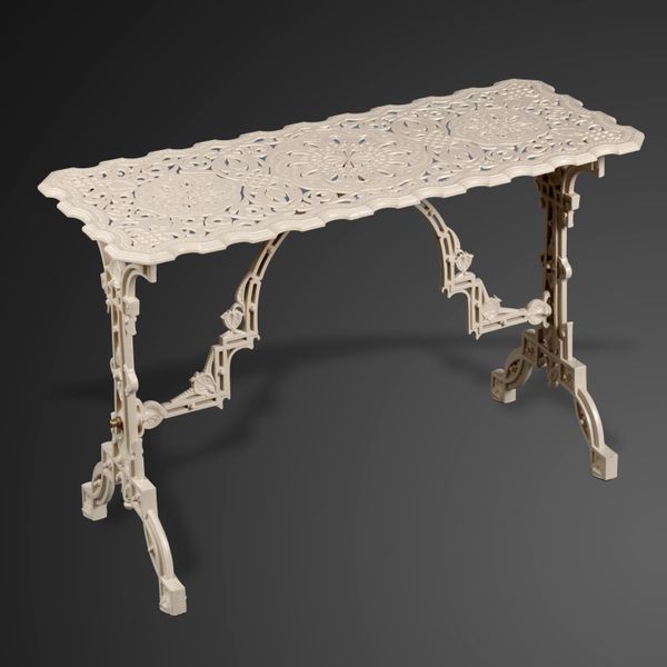 A rare Coalbrookdale cast iron table late 19th century with diamond registration stamp, number and pattern number 36 110cm long This table is...