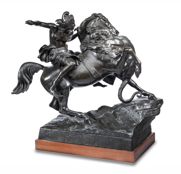 After August Karl Eduard Kiss: A bronze group of a fighting Amazon on horseback late 19th century on later wooden base 44cm high by 46cm long