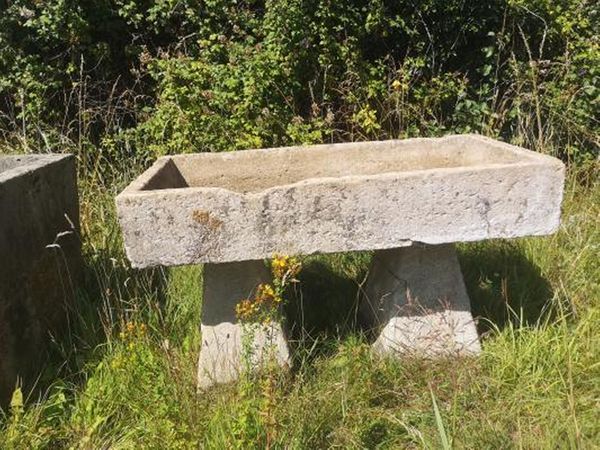 A rectangular carved stone trough on two staddlestone supports 83cm high by 128cm long by 61cm deep