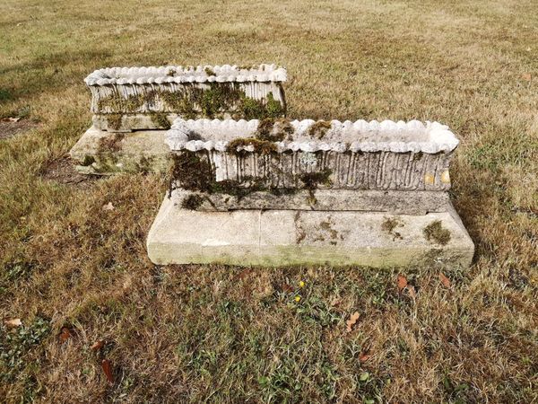 A rare pair of Austin and Seeley composition stone rectangular alpine troughs 2nd half 19th century on associated stone bases 76cm long SEE LOT 41...