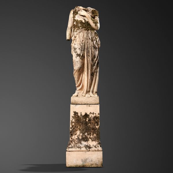 A rare Blashfield terracotta figure of a Roman goddess on pedestal with hand-written signature J M Blashfield, Stamford, dated 1871, head lacking,...