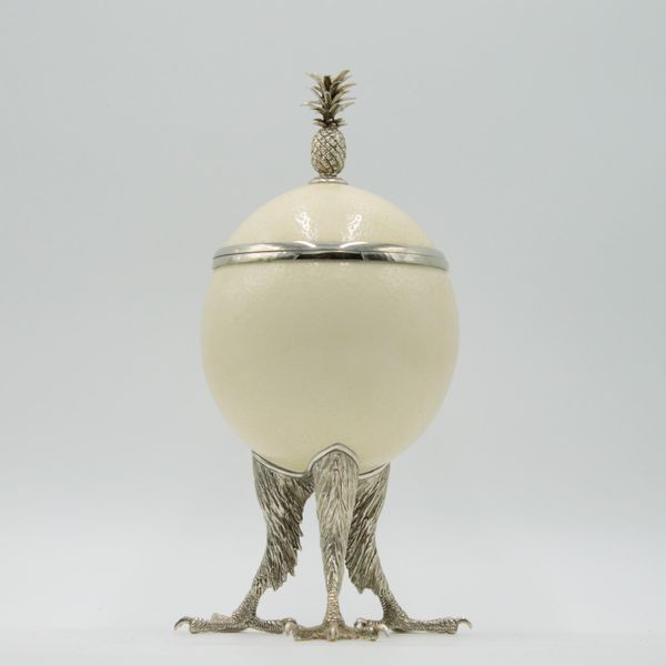 Trinket Box Ostrich egg with silvered eagle claw feet & pineapple finial 28cm high by 16cm wide by 16cm deep