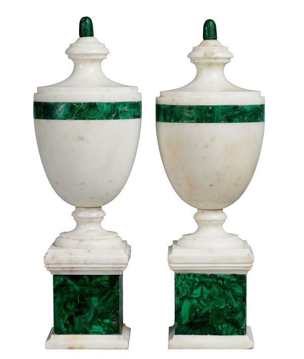 A pair of malachite and white marble urns  modern 50cm high