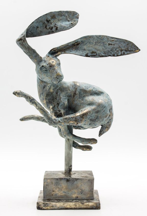 Bounding Hare Bronze with silvered patina 39cm high by 25cm wide by 13cm deep