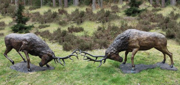 ▲ John Cox, (born 1941) A Pair of Red Deer Stags Bronze with a variegated red-brown patination 260cm long by 110cm high and 234cm long by 107cm...