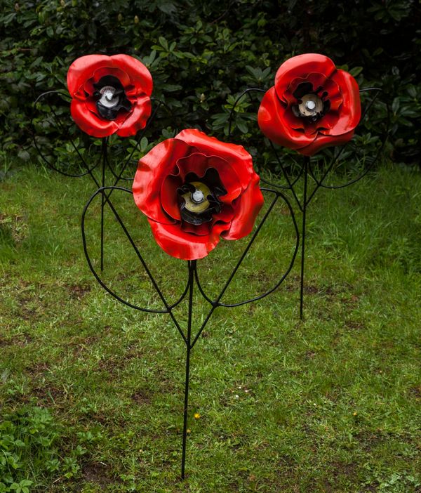 Kenny Roach Three Poppies Steel and reclaimed vinyl records Handmade Unique 120cm high by 70cm wide by 15cm deep