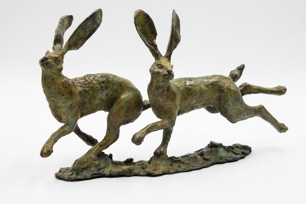 Linda Frances Running Hares Signed edition 7 of 125 20cm high by 34cm wide by 13cm deep