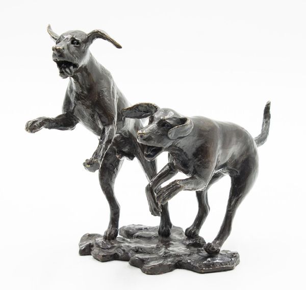 Mohammed Tahir Leaping Hounds Bronze Signed 2012 16cm high by 21cm wide by 12cm deep