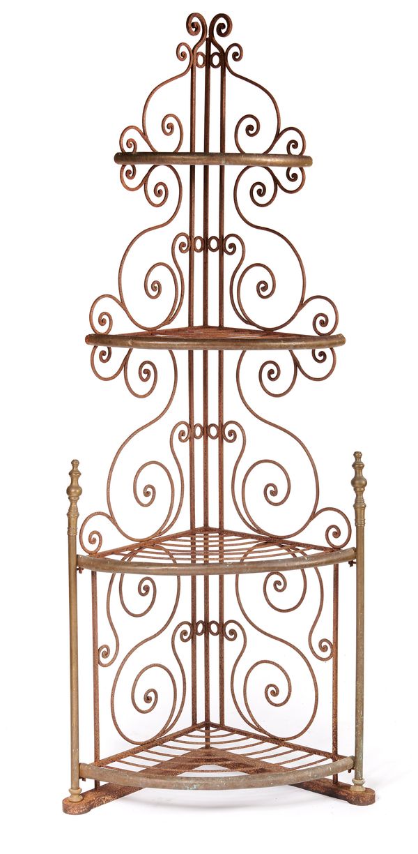 A wrought iron and brass corner baker‘s stand French, 2nd half 19th century  190cm high by 70cm wide
