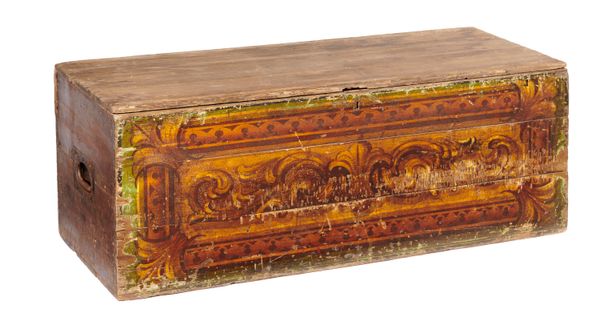 A painted pine Gypsy chest 19th century  with painted front and iron side handles 47cm high by 120cm long by 46cm deep Painted trunks of this sort...