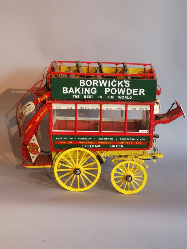 A painted wood and tin model of a horse drawn omnibus early 20th century 60cm long