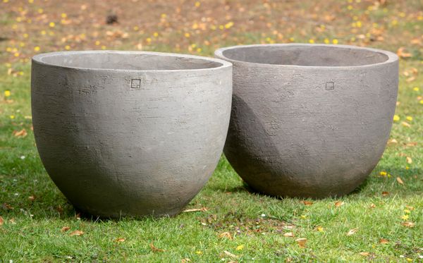 A pair of Atelier Vierkant handmade clay planters modern each with maker‘s stamp 49cm high by 59cm diameter