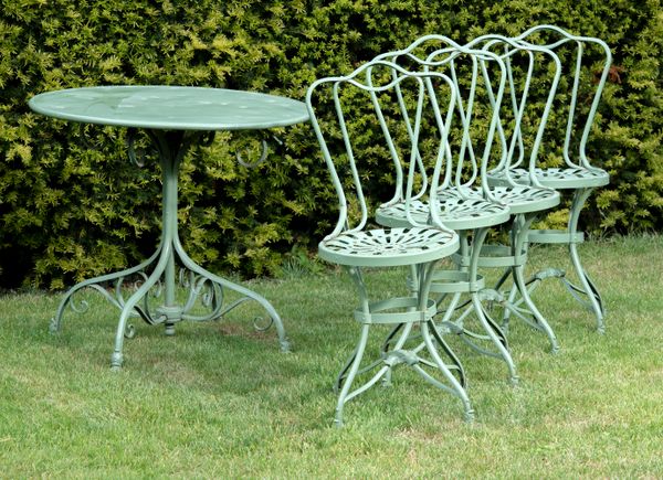 A rare suite of wrought iron Arras furniture early 20th century comprising table and four chairs, each with maker‘s stamp Grassin Brevete S.G.D.G...