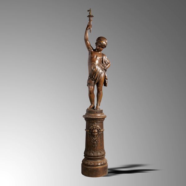 A Durenne Foundry cast iron torchère figure of a boy on pedestal late 19th century stamped A Durenne Sommevoire 240cm high Antoine Durenne set up in...
