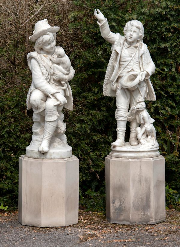 A pair of carved white marble figures of children with monkeys one signed Francesco Bienaime, Roma, Scultore the other E. Ferrarini on later...