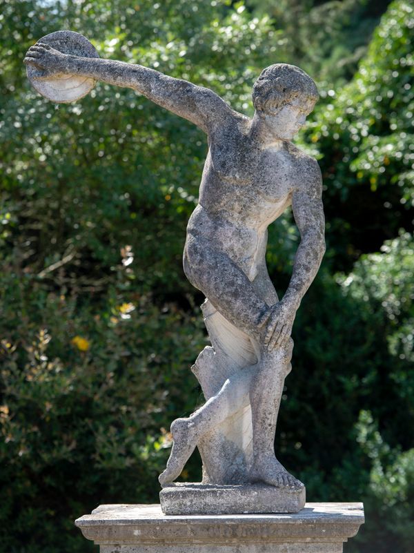 After the Antique: A composition stone figure of the discus thrower 2nd half 20th century 158cm high