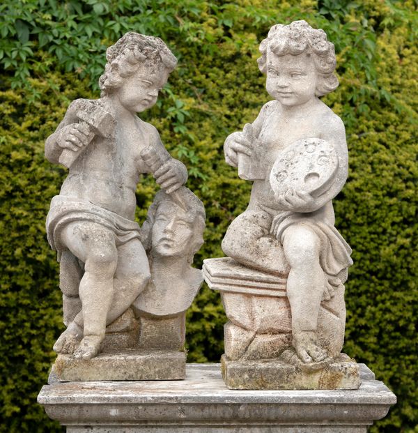 A pair of carved limestone figures of putti representing Art and Sculpture 2nd half 20th century 94cm high