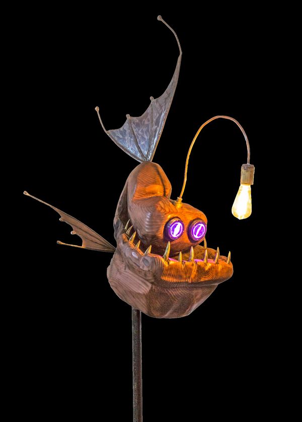 Nick Burns Angler fish lamp Carved wood and metal Unique 228cm high by 83cm wide by 72cm deep
