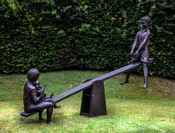 p Olwen Gillmore See-saw Bronze Signed 178cm high by 240cm wide by 67cm deep