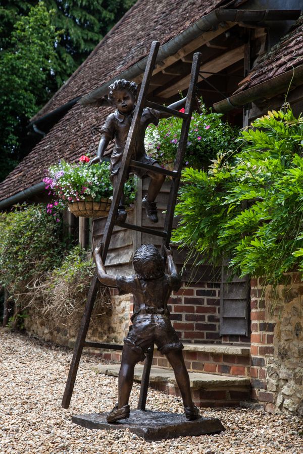 p Olwen Gillmore Scrumping Boys on ladder Bronze 239cm high by 63cm wide by 76cm deep