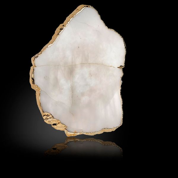 Three gilt edged mineral slices quartz and calcite the largest 40cm 