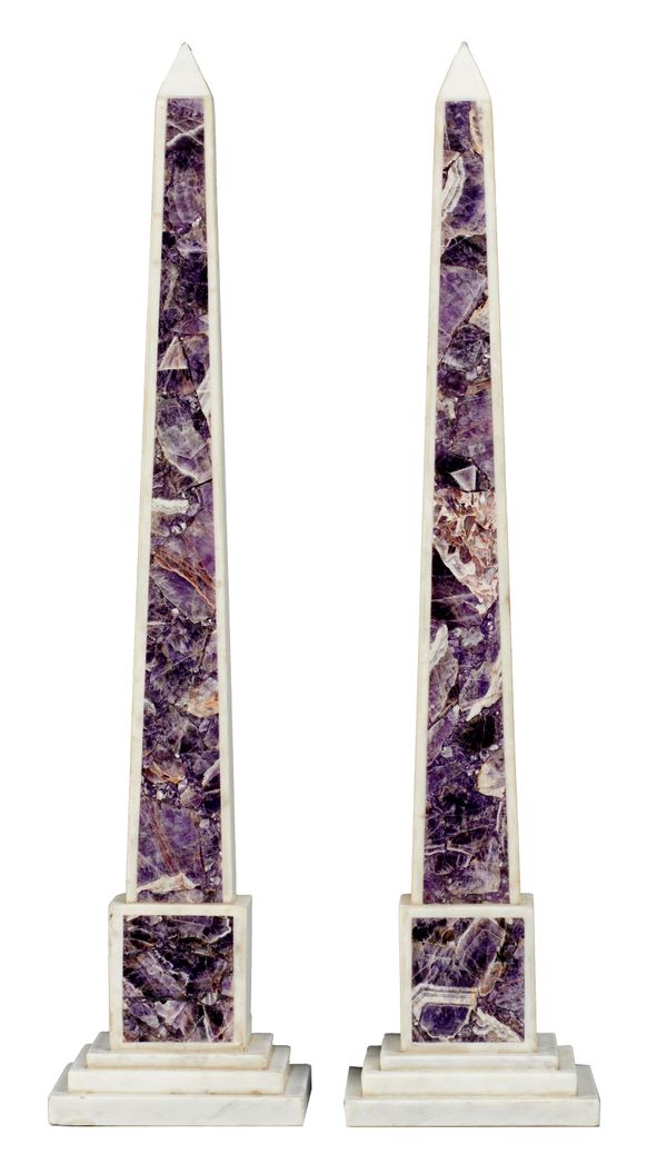 A pair of amethyst veneered white marble obelisks modern 77cm high +++GE086 unsold lot fee to collect lot £30 +++