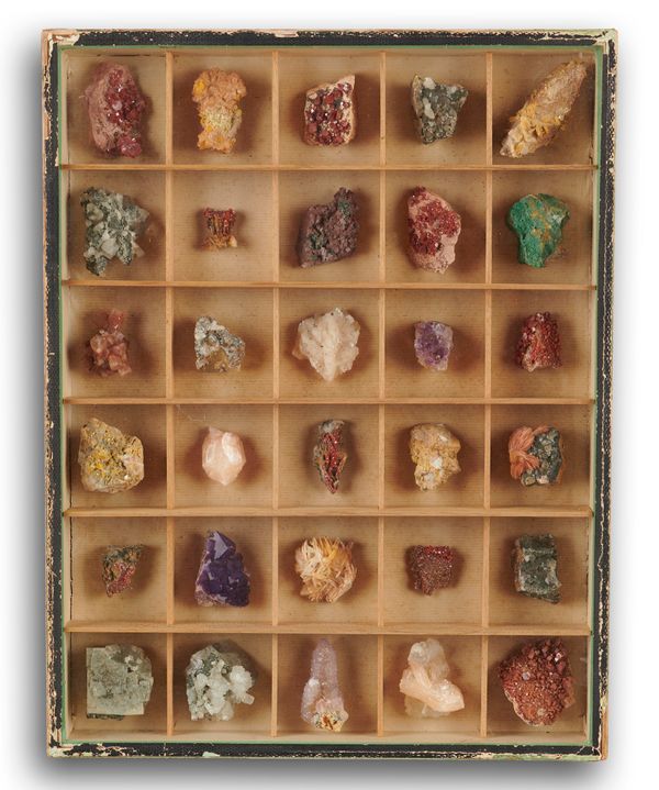 A collector‘s hanging cabinet of worldwide mineral curiosities 50cm by 39cm  