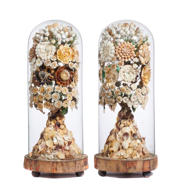 A pair of Victorian shell work displays in domes 48cm high