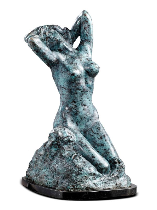 After Rodin: A bronze naked kneeling figure of a girl modern bearing the mark A Rodin, 1886 on marble base 67cm high
