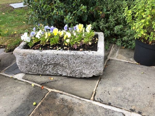 A carved stone trough 24cm high by 41cm wide by 70cm long (Flowers not included)