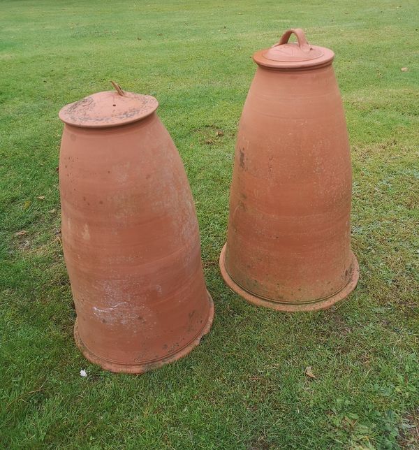 A pair of hand thrown terracotta rhubarb forcers with lids late 19th/early 20th century 63cm high