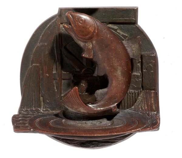 An unusual bronze door knocker in the form of a salmon 1930s  stamped GHM 10cm high by 11cm wide
