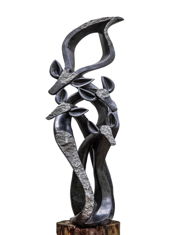 Fungai Dodzo Stronger together Springstone Signed Unique 172cm high by 55cm wide by 50cm deep Fungai was born in Mutare, the border of Zimbabwe and...