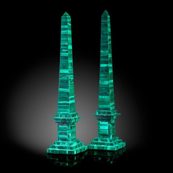 A pair of malachite veneered obelisks 54cm high