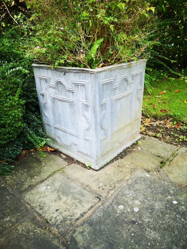 A pair of Georgian style square lead planters