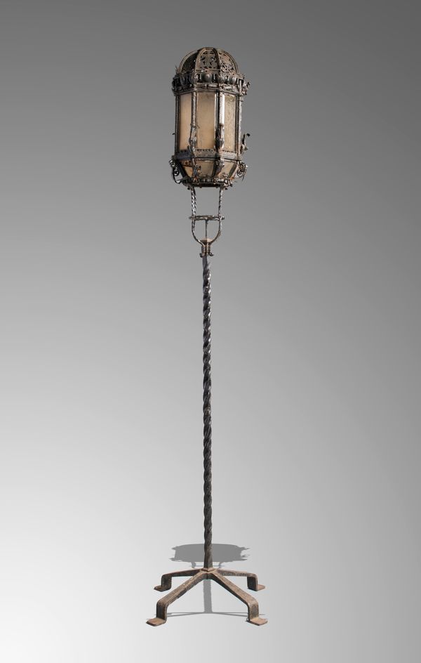 A Venetian wrought iron glazed lantern on stand  19th century 220cm high  