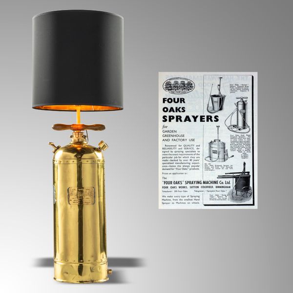 A brass Four Oaks Kent Gold Medal knapsack sprayer now polished, lacquered and converted to a lamp 114cm high by 40cm wide The Four Oaks Spraying...