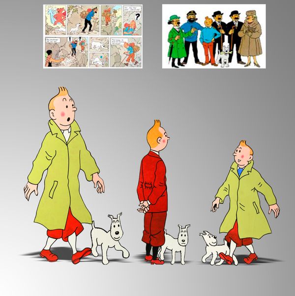 A wood painted template of Georges Remi` (Herge`) character Tintin and his companion Snowy   106cm by 63cm These modern wooden templates painted in...